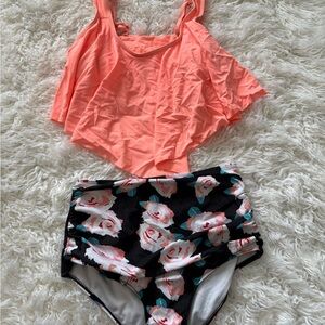Coral Tankini Top with Floral High-Waisted Bottoms